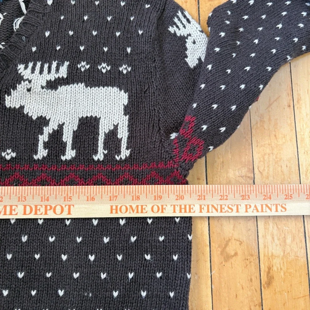 Polo Ralph Lauren Sweater Mens Large Brown Cotton Linen Moose Fair Isle V-Neck